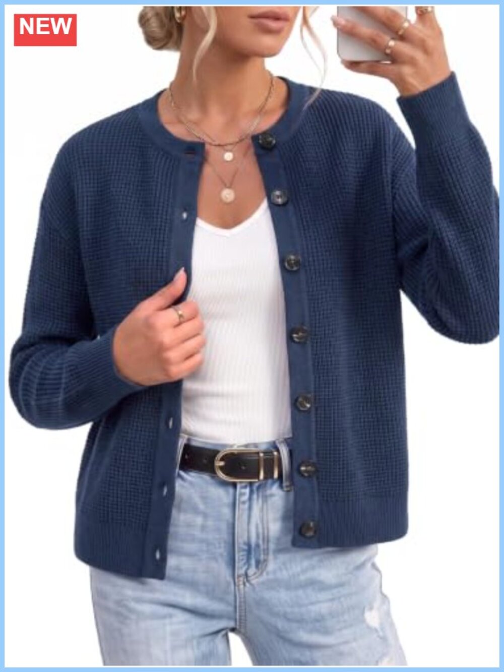 Chunky Knit Button Up Cardigan Crew Neck Cotton Relaxed Fit Work Sweater